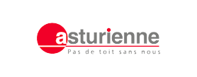 Asturienne - Expert Toiture : Pas de Toit Sans Nous Logo Asturienne rouge et gris avec le slogan Pas de toit sans nous et la lettre a stylisée dans un cercle.