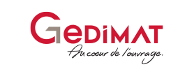 Gedimat : Logo Officiel et Slogan Au Cœur de l'Ouvrage Logo Gedimat rouge et gris avec slogan Au cœur de l’ouvrage en cursive noire sur fond blanc.