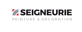 Seigneurie Peinture & Décoration : Experts en Décoration Logo Seigneurie Peinture & Décoration avec un symbole graphique géométrique gris et rouge sur fond blanc.