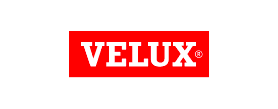 Logo Velux : Spécialiste mondial des fenêtres de toit Logo Velux avec lettrage blanc sur un fond rectangulaire rouge vif.